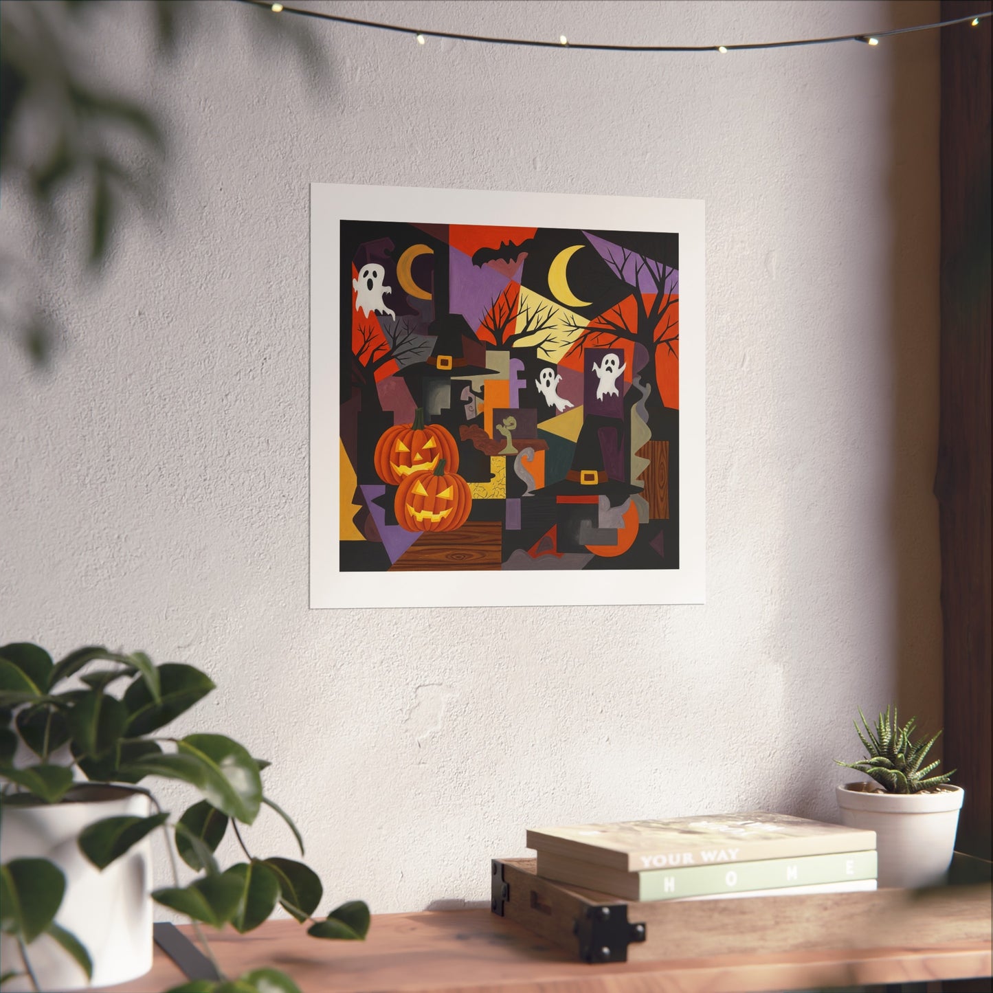 Halloween Cubist Abstract Fine Art Print – Pumpkins, Ghosts & Haunted Night Wall Art Poster, Modern Spooky Autumn Decor