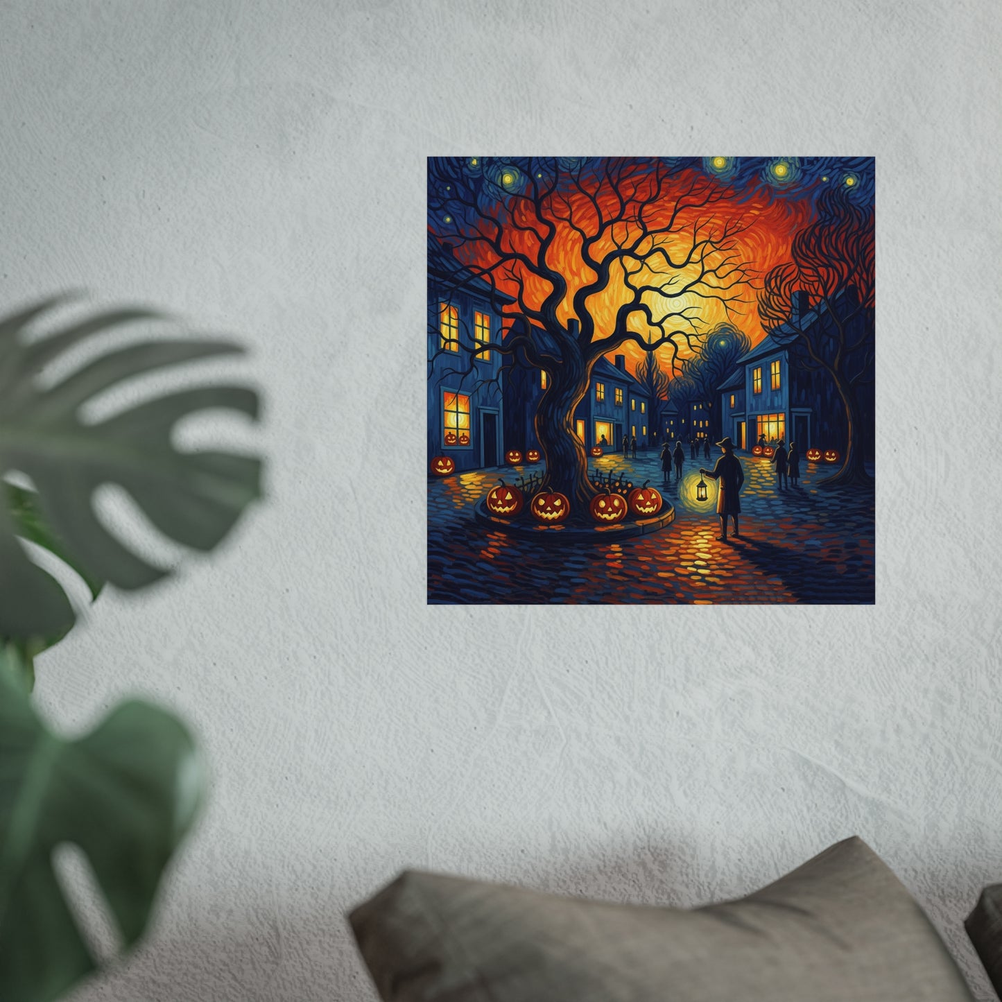 Halloween Town Square Fine Art Print – Post-Impressionist Pumpkin Lanterns & Glowing Night Sky Wall Art Poster