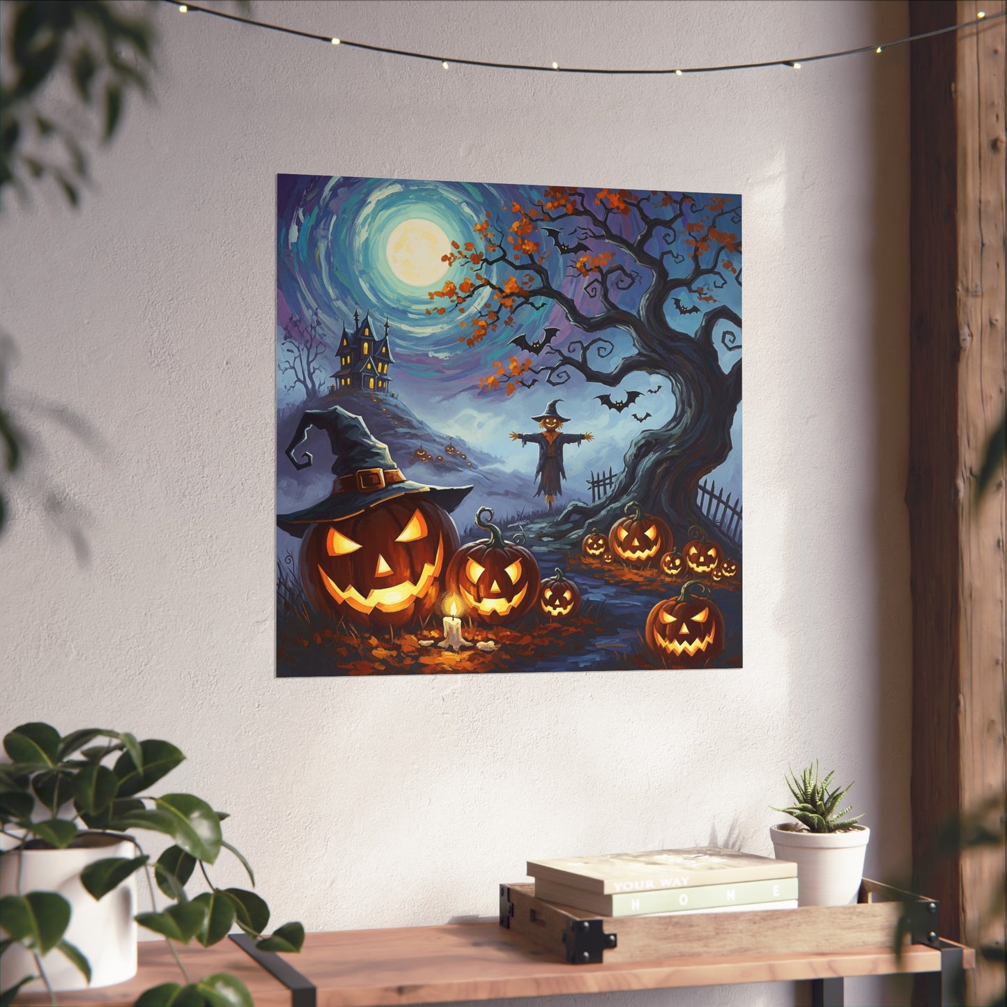 Halloween Pumpkin Patch Fine Art Print – Haunted House & Scarecrow Night Scene Wall Art Poster, Painterly Gothic Autumn Decor