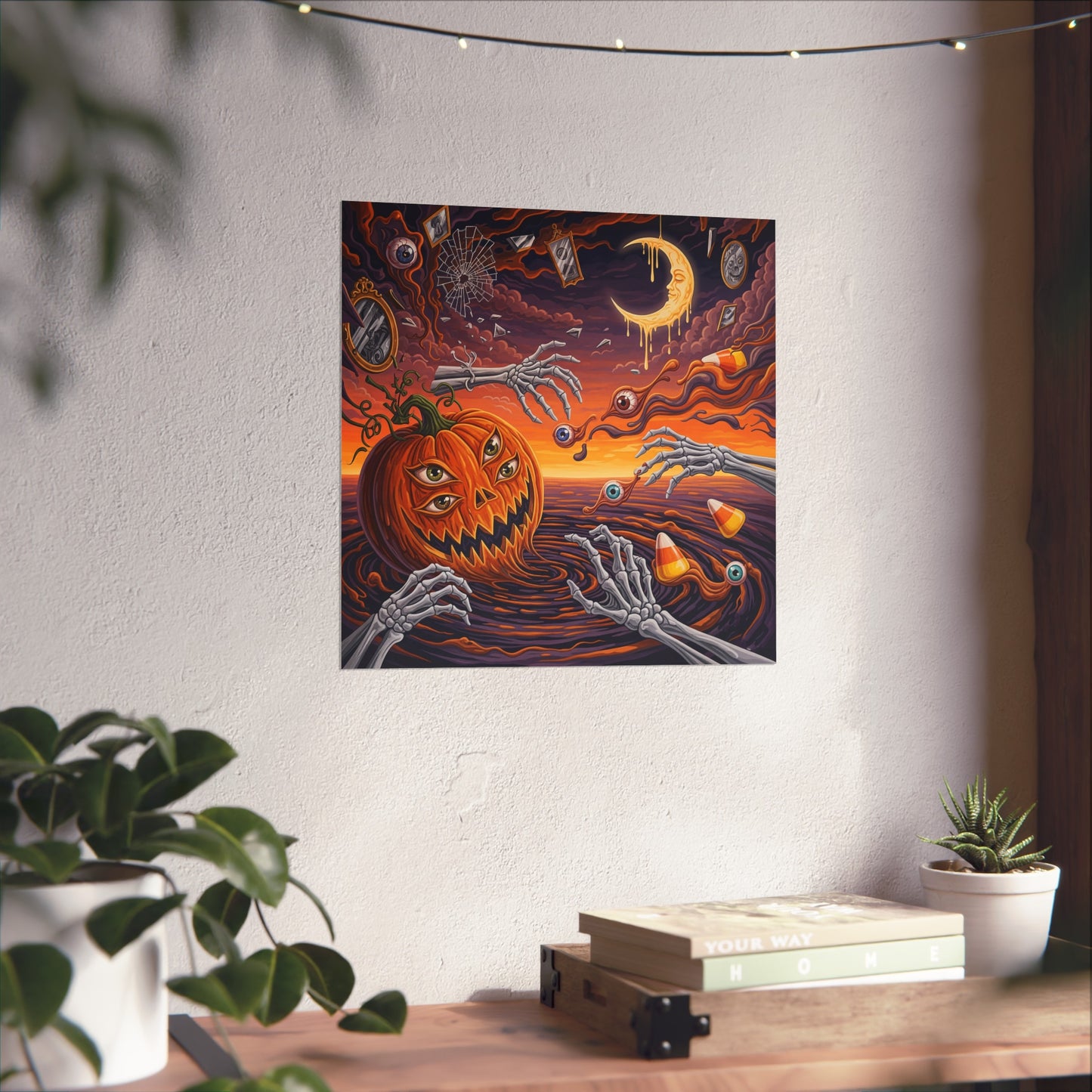 Surreal Halloween Fine Art Print – Three-Eyed Pumpkin, Skeleton Hands & Dripping Moon Wall Art Poster, Gothic Surrealism Decor