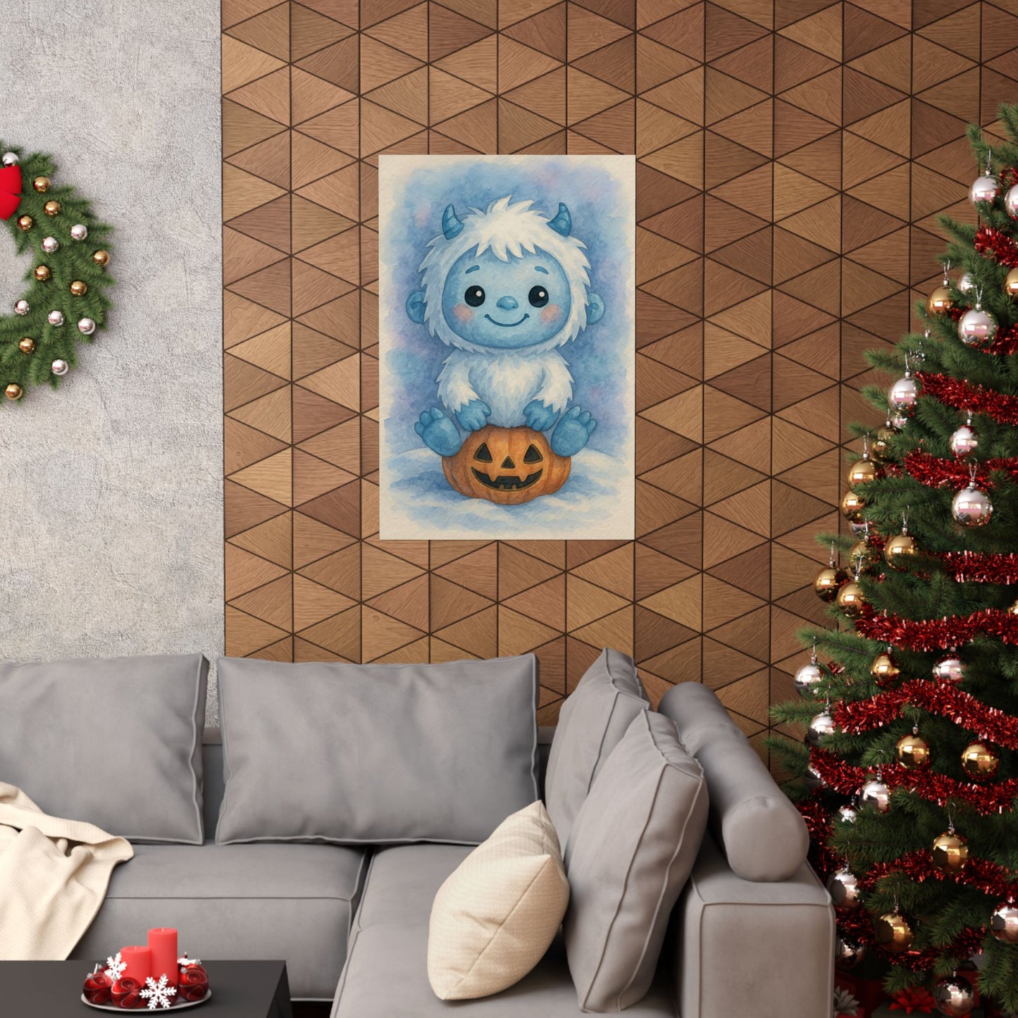 Cute Baby Yeti Halloween Wall Art Poster – Watercolor Monster Print on Pumpkin – Whimsical Nursery & Holiday Decor