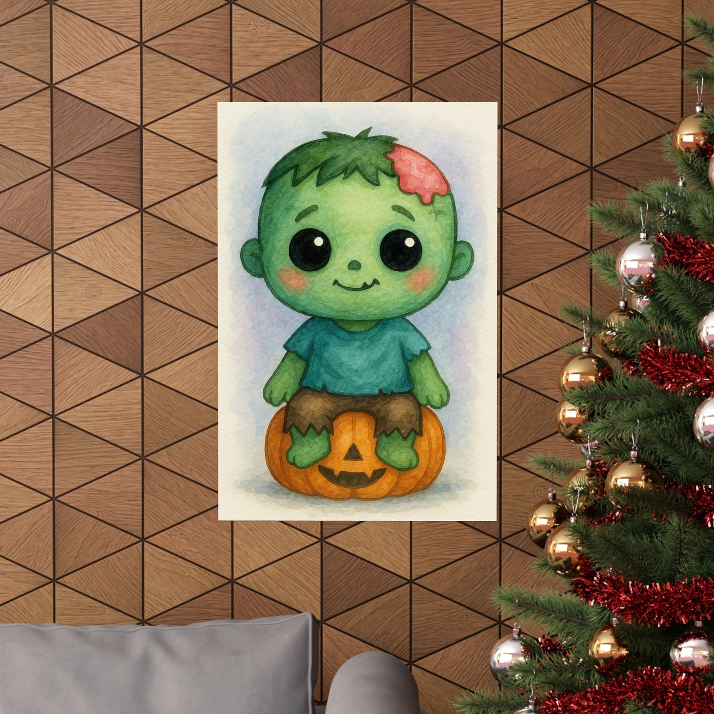 Cute Baby Zombie Halloween Wall Art Poster – Watercolor Monster Print on Pumpkin – Whimsical Nursery & Holiday Decor