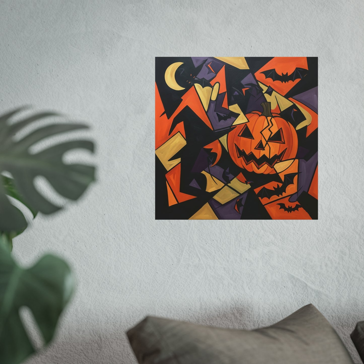 Halloween Cubist Abstract Fine Art Print β Geometric Pumpkin & Bat Wall Art Poster, Modern Spooky Autumn Decor