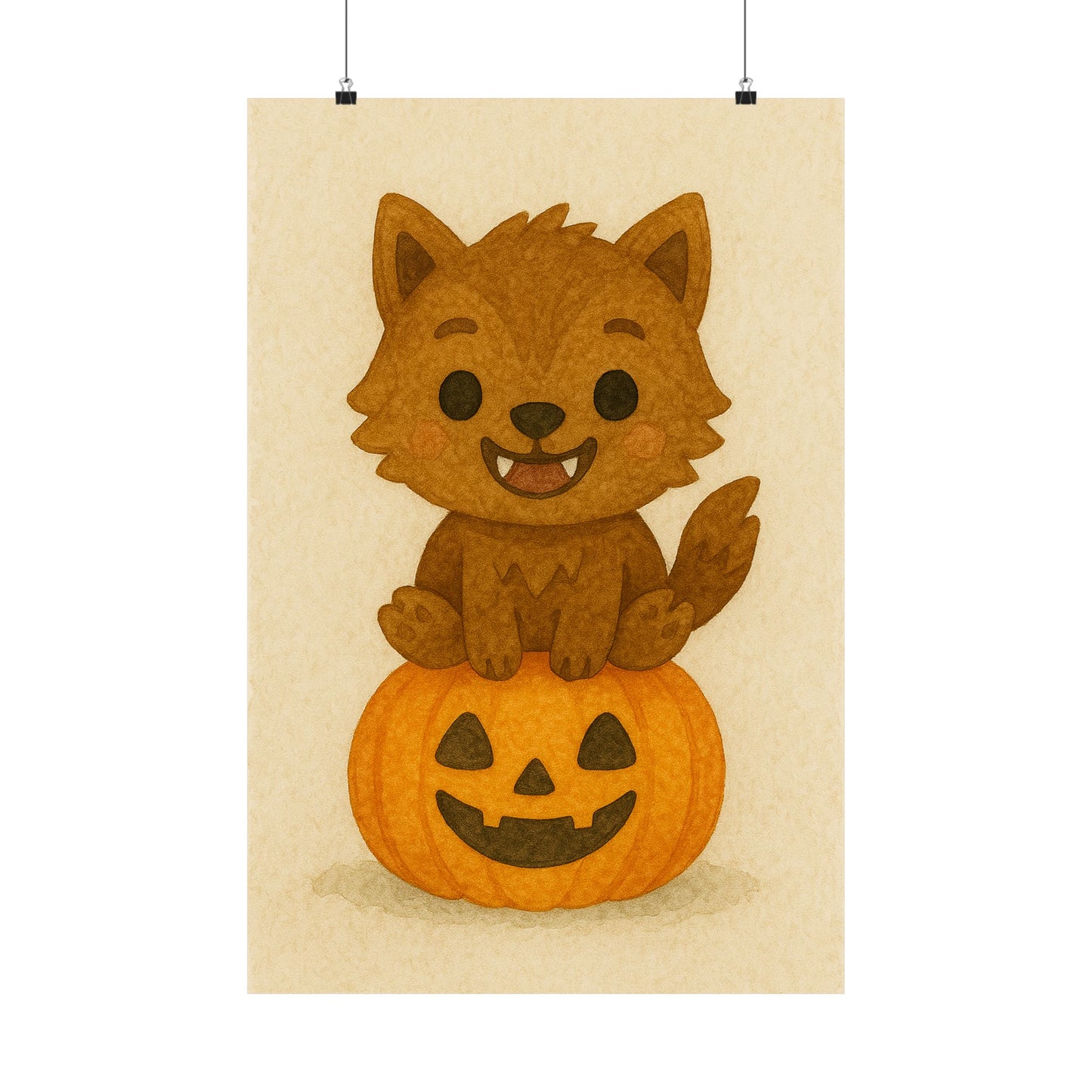 Cute Baby Werewolf Halloween Wall Art Poster – Watercolor Monster Print on Pumpkin – Whimsical Nursery & Holiday Decor