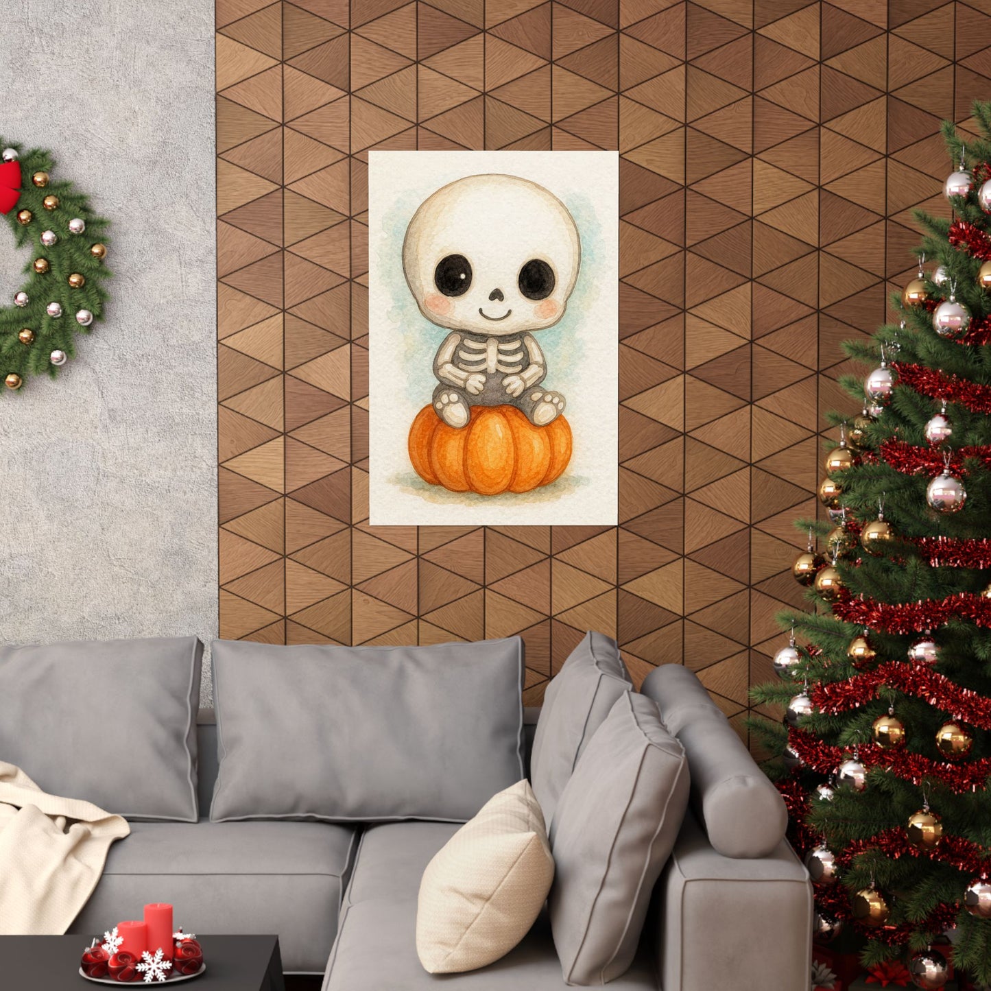 Cute Baby Skeleton Halloween Wall Art Poster – Watercolor Monster Print on Pumpkin – Whimsical Nursery & Holiday Decor