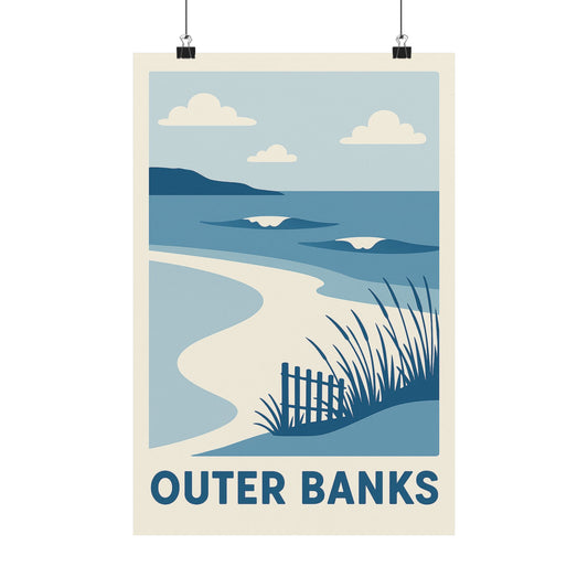 Outer Banks Poster – Blue Tones - Retro North Carolina Travel Wall Art, Coastal Beach Print, Vintage Beach Decor