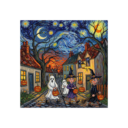 Halloween Trick-or-Treat Fine Art Print – Post-Impressionist Witches, Ghosts & Pumpkins Wall Art Poster