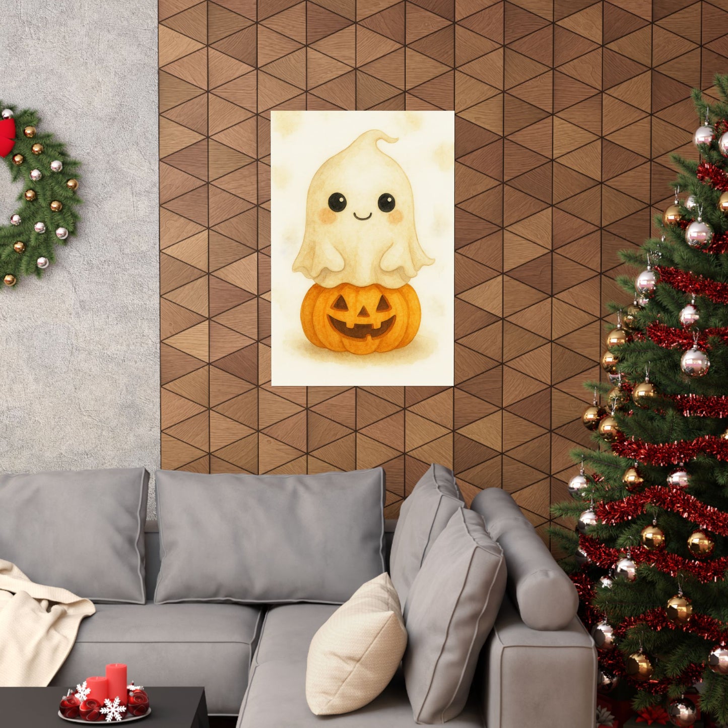 Cute Baby Ghost Monster Halloween Wall Art Poster – Watercolor Monster Print on Pumpkin – Whimsical Nursery & Holiday Decor