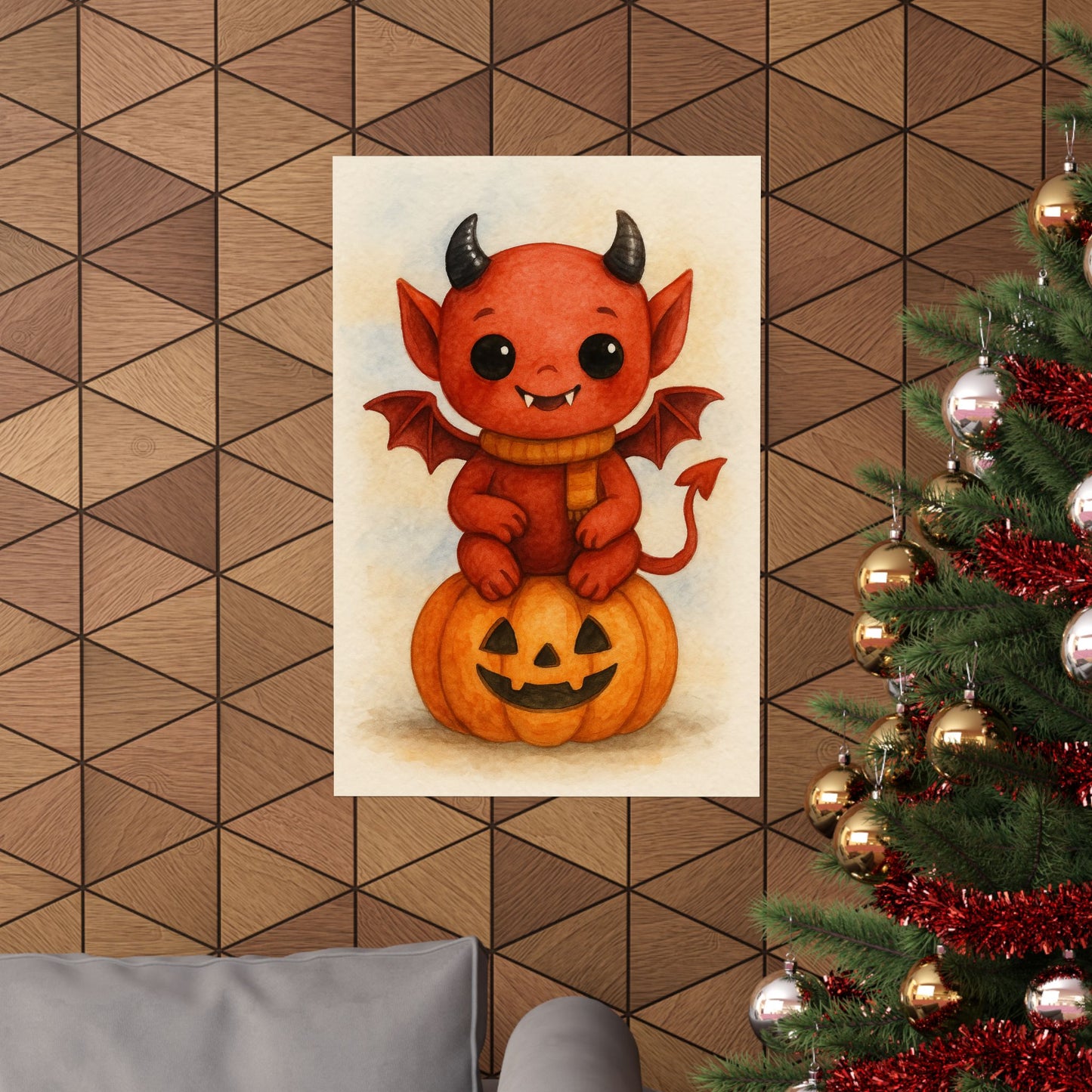 Cute Baby Demon Monster Halloween Wall Art Poster – Watercolor Monster Print on Pumpkin – Whimsical Nursery & Holiday Decor