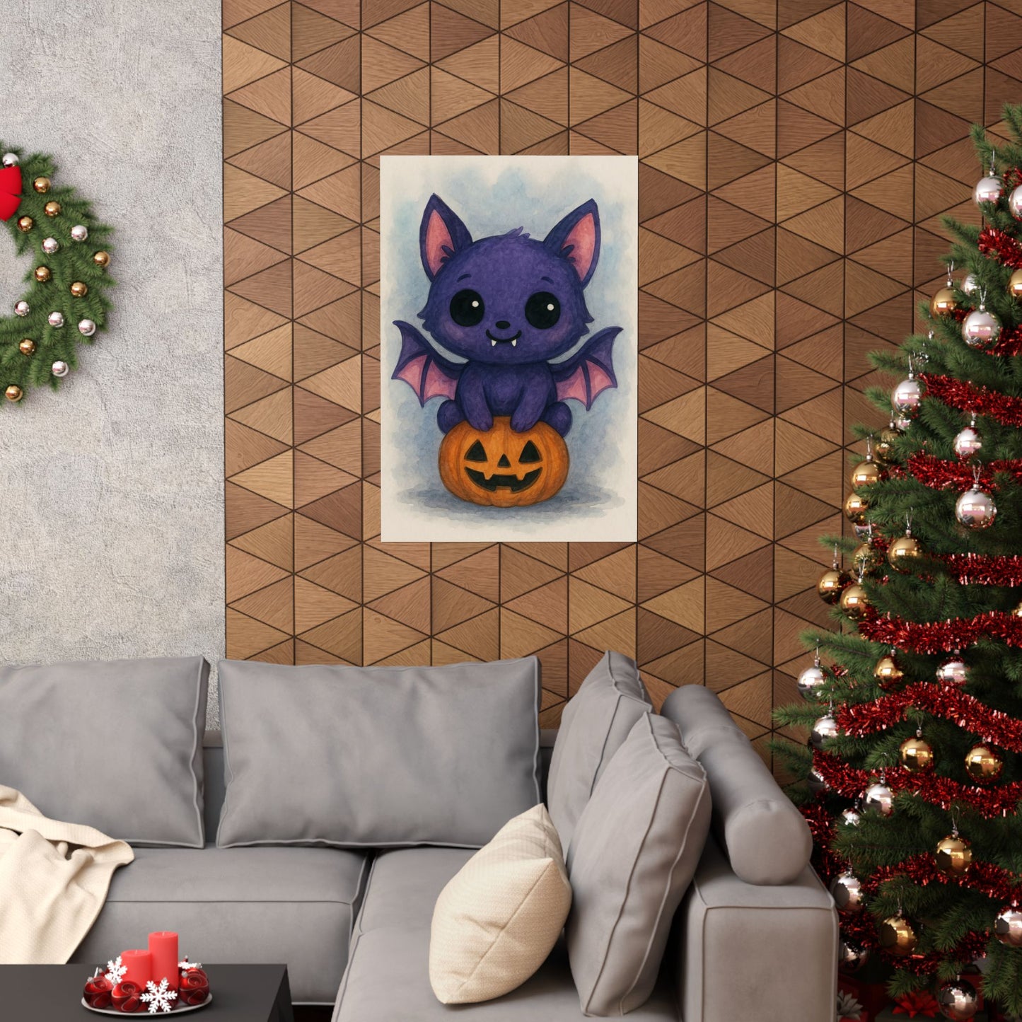 Cute Baby Bat Halloween Wall Art Poster – Watercolor Monster Print on Pumpkin – Whimsical Nursery & Holiday Decor