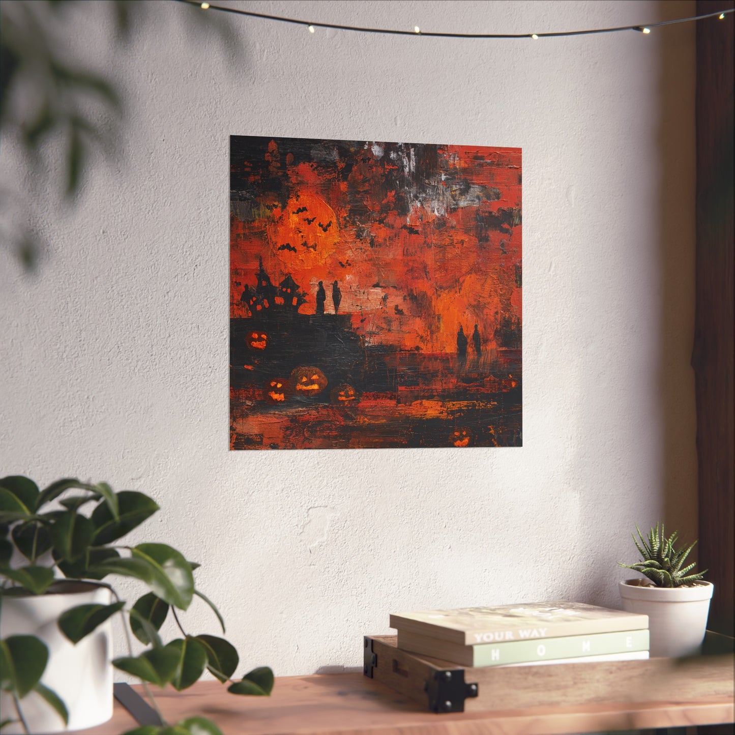 Haunted Halloween Abstract Fine Art Print – Spooky Pumpkin & Haunted House Wall Art, Gothic Autumn Decor Poster, Bats and Moon Painting