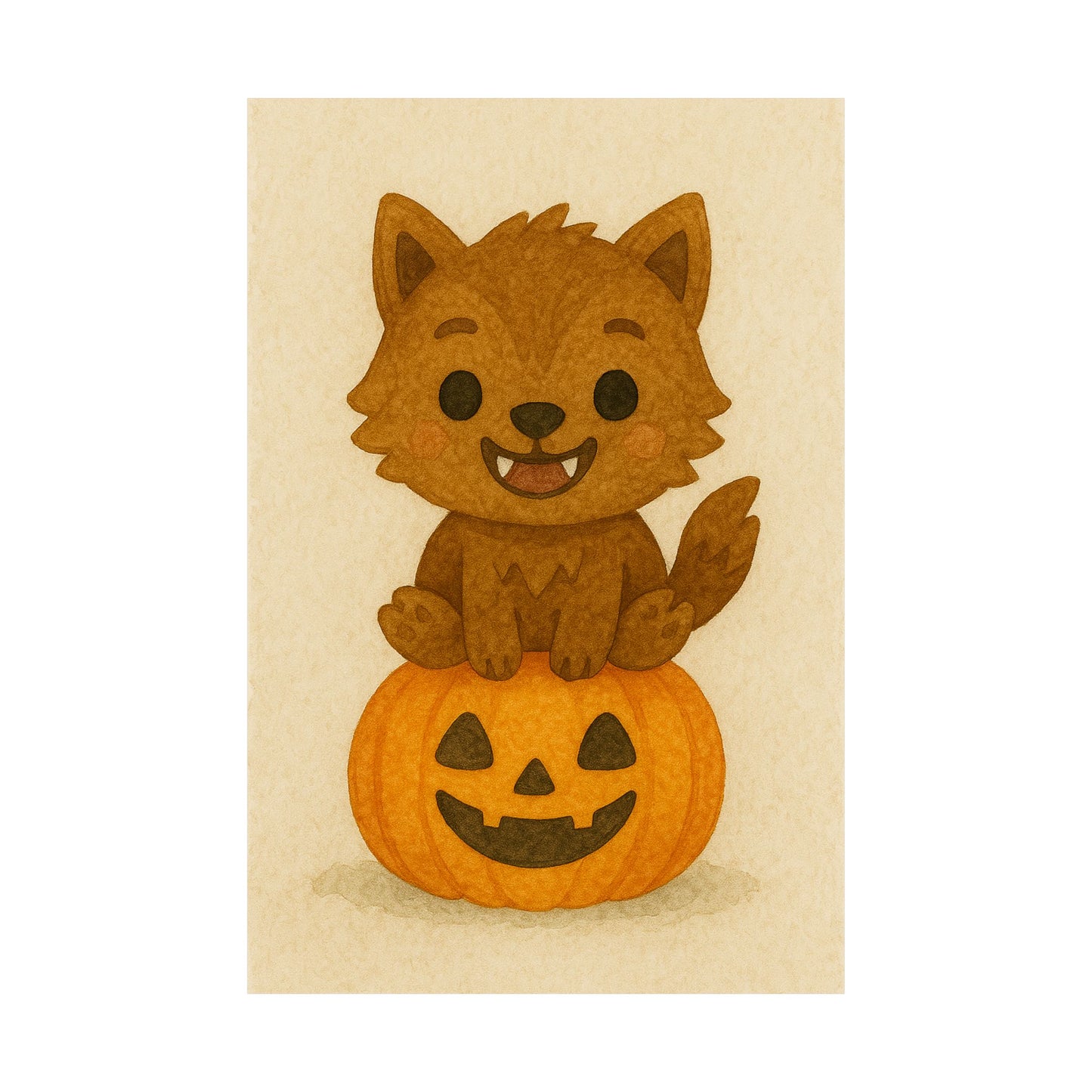 Cute Baby Werewolf Halloween Wall Art Poster – Watercolor Monster Print on Pumpkin – Whimsical Nursery & Holiday Decor