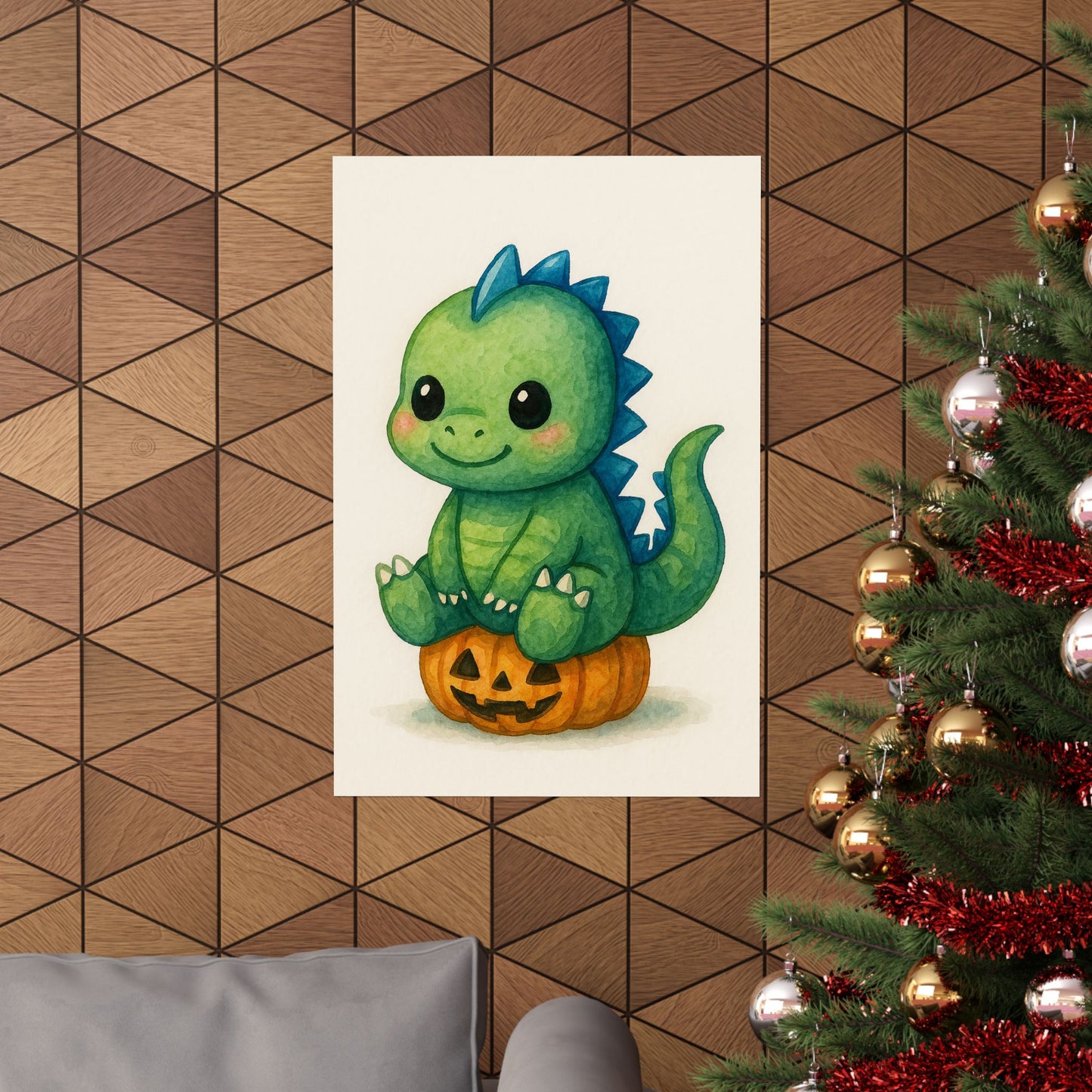 Cute Baby Dinosaur Monster Halloween Wall Art Poster – Watercolor Monster Print on Pumpkin – Whimsical Nursery & Holiday Decor