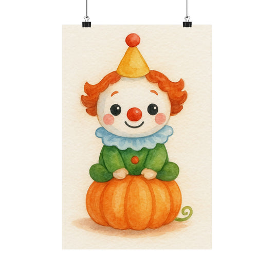 Cute Baby Clown Monster Halloween Wall Art Poster – Watercolor Monster Print on Pumpkin – Whimsical Nursery & Holiday Decor