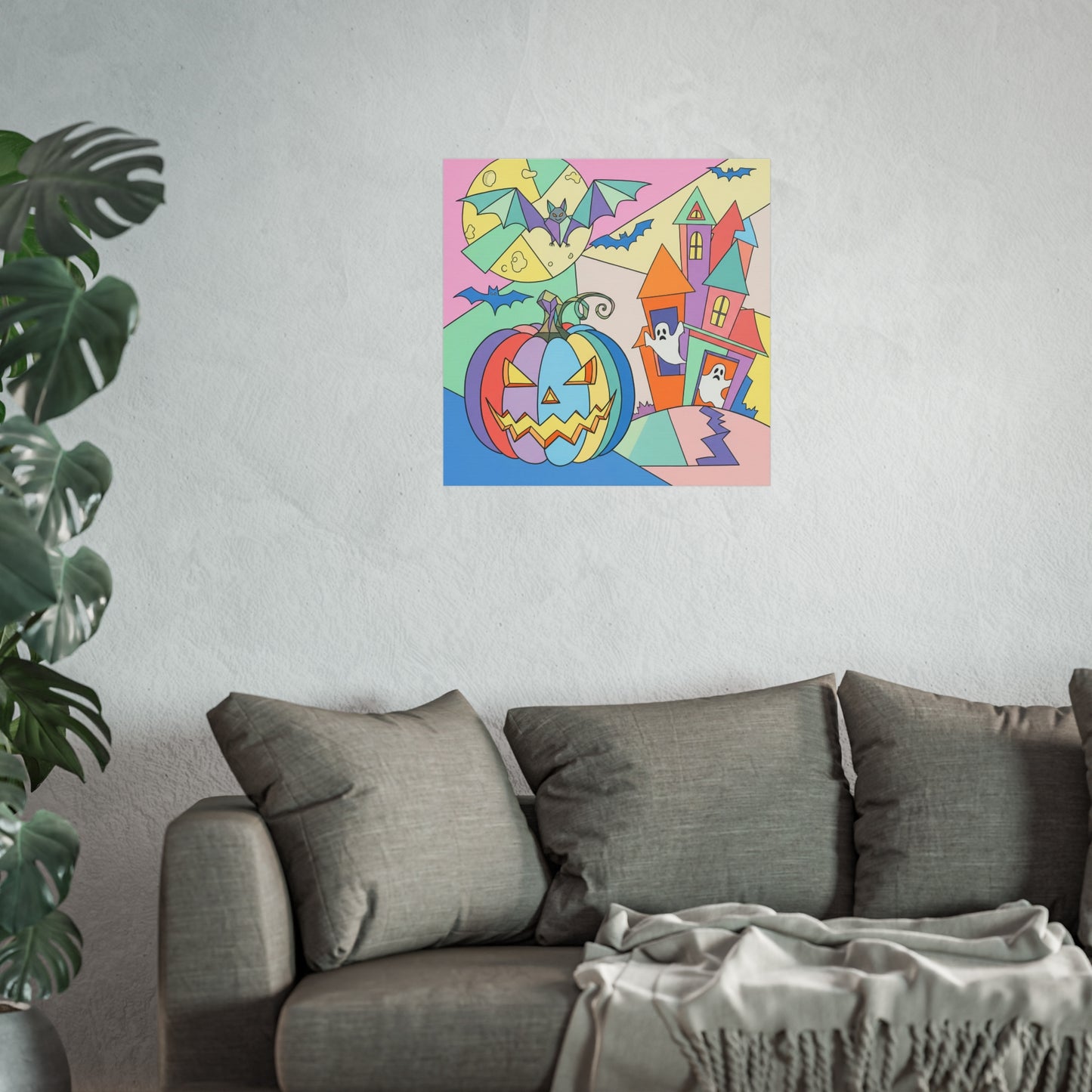 Halloween Pastel Cubist Fine Art Print – Colorful Pumpkin, Ghosts & Bats Wall Art Poster, Modern Geometric Autumn Decor