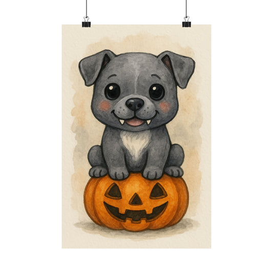 Cute Halloween Puppy Monster Print – Pitbull Puppy on Jack-o’-Lantern Pumpkin | Watercolor Dog Wall Art for Fall & Halloween Décor