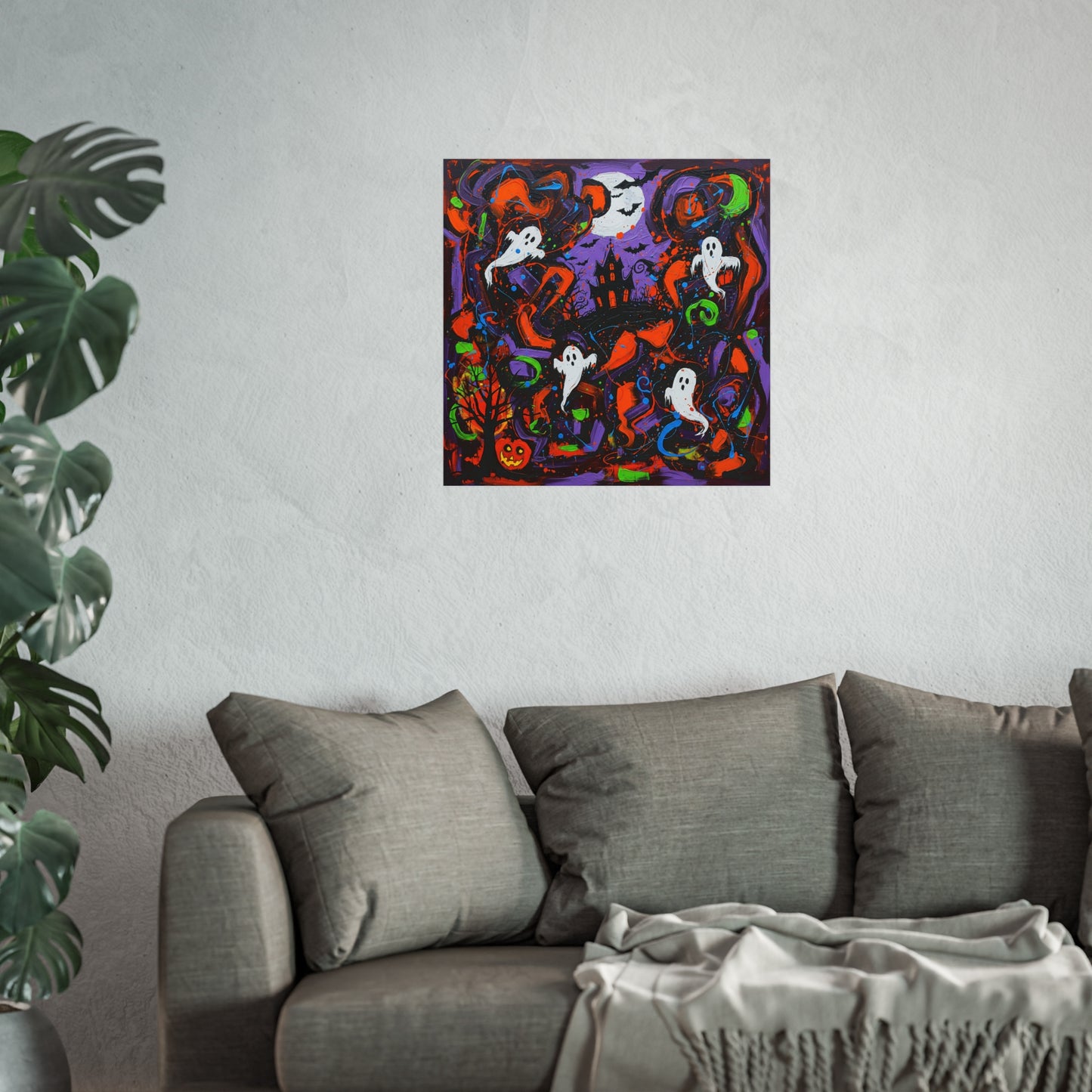 Halloween Ghost Abstract Expressionist Fine Art Print β Haunted House Wall Art Poster, Spooky Colorful Autumn Home Decor