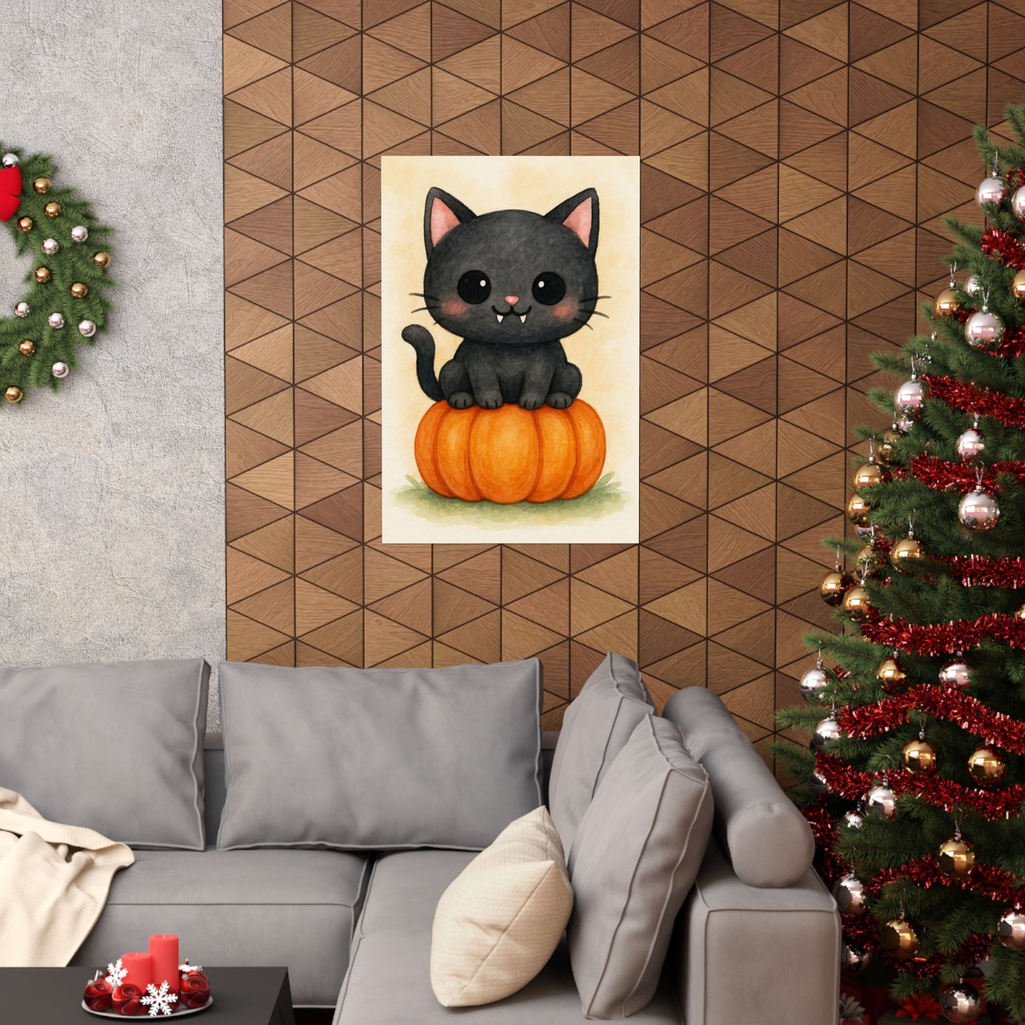 Cute Baby Black Cat Monster Halloween Wall Art Poster – Watercolor Monster Print on Pumpkin – Whimsical Nursery & Holiday Decor