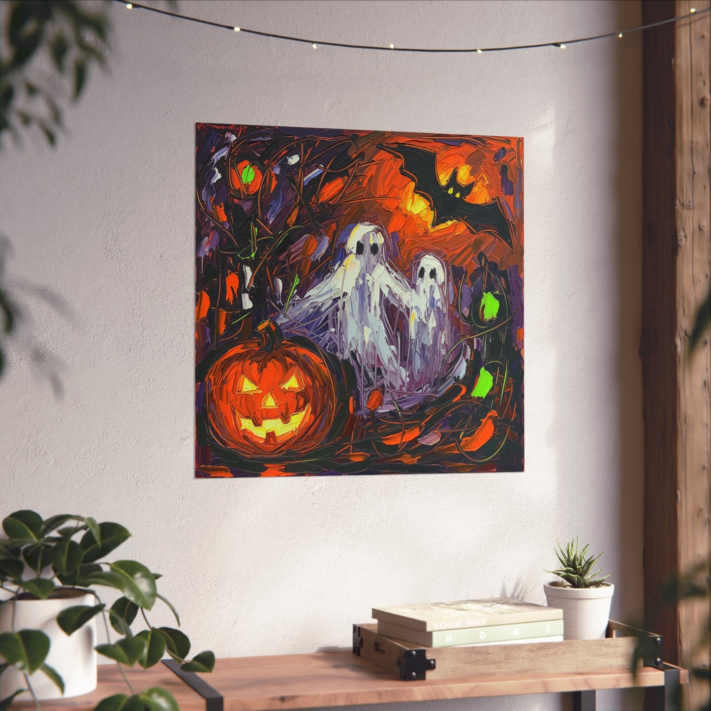 Halloween Ghosts & Pumpkin Abstract Fine Art Print β Spooky Bat Night Wall Art Poster, Painterly Gothic Autumn Decor