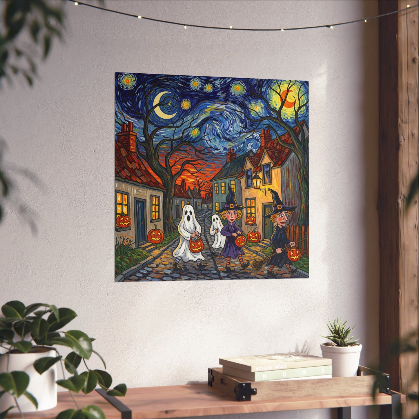 Halloween Trick-or-Treat Fine Art Print – Post-Impressionist Witches, Ghosts & Pumpkins Wall Art Poster