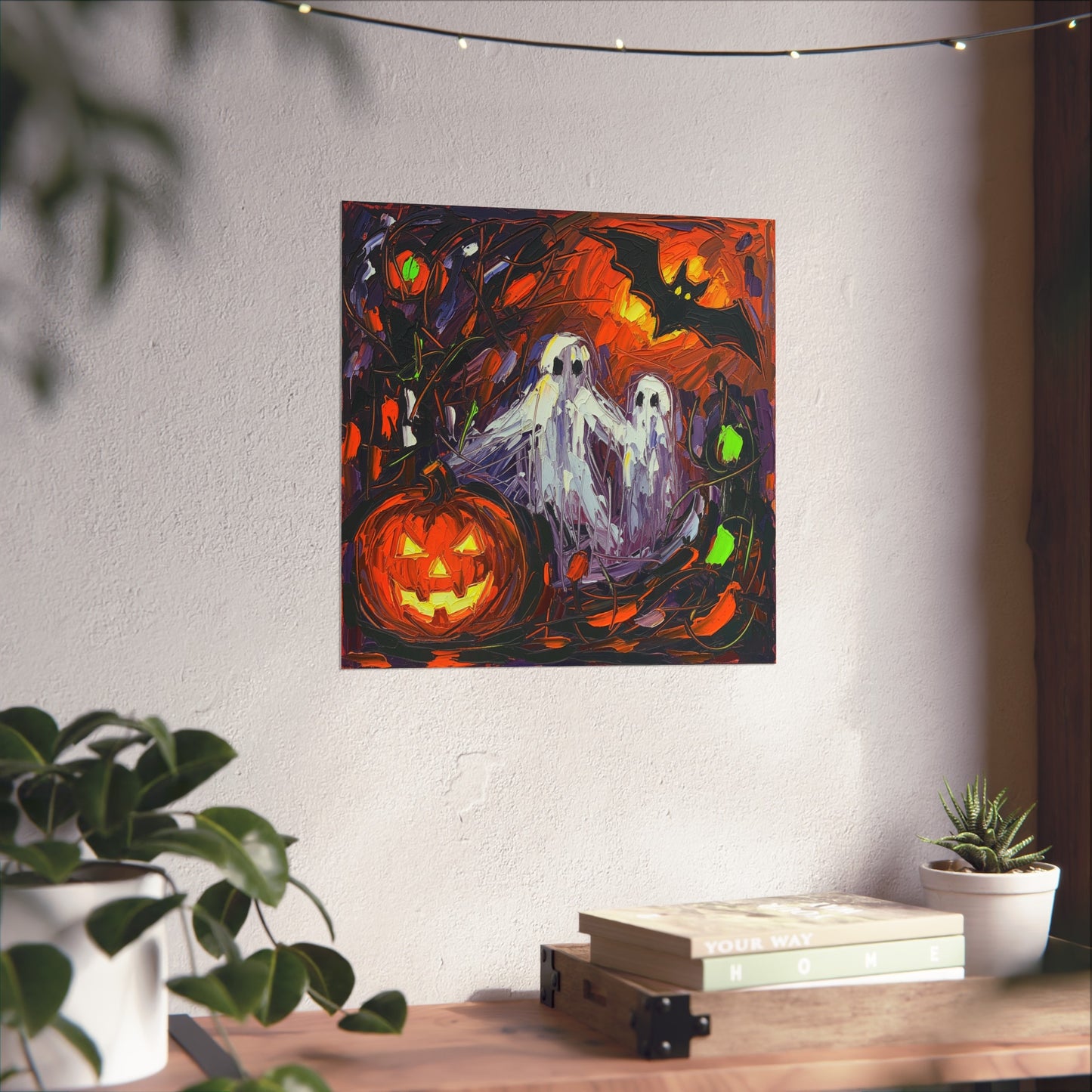 Halloween Ghosts & Pumpkin Abstract Fine Art Print β Spooky Bat Night Wall Art Poster, Painterly Gothic Autumn Decor