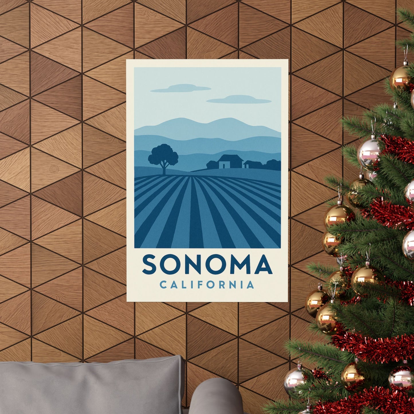 Sonoma Poster – Blue Tones - Retro Wine Country Wall Art, California Vineyard Landscape Print, Minimalist Travel Decor