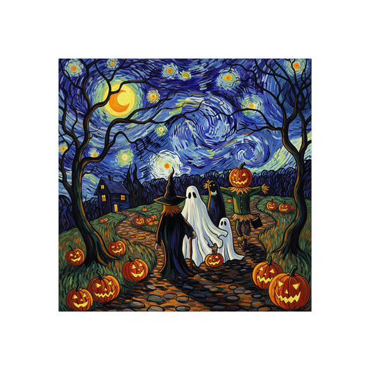 Halloween Trick-or-Treat Fine Art Poster – Post-Impressionist Witches, Ghosts & Pumpkin Lantern Wall Art