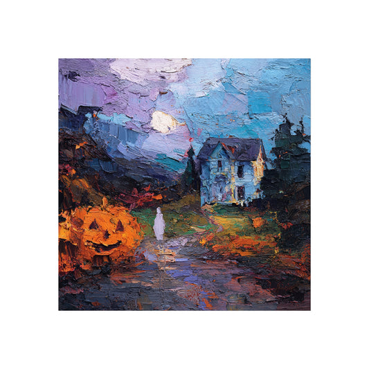 Halloween Haunted House Abstract Fine Art Print – Spooky Crow Sunset Painting, Autumn Wall Decor Poster, Gothic Fall Artwork
