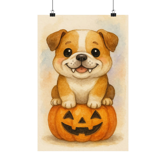 Cute Halloween Puppy Monster Print – English Bulldog Puppy on Jack-o’-Lantern Pumpkin | Watercolor Dog Wall Art for Fall & Halloween Décor