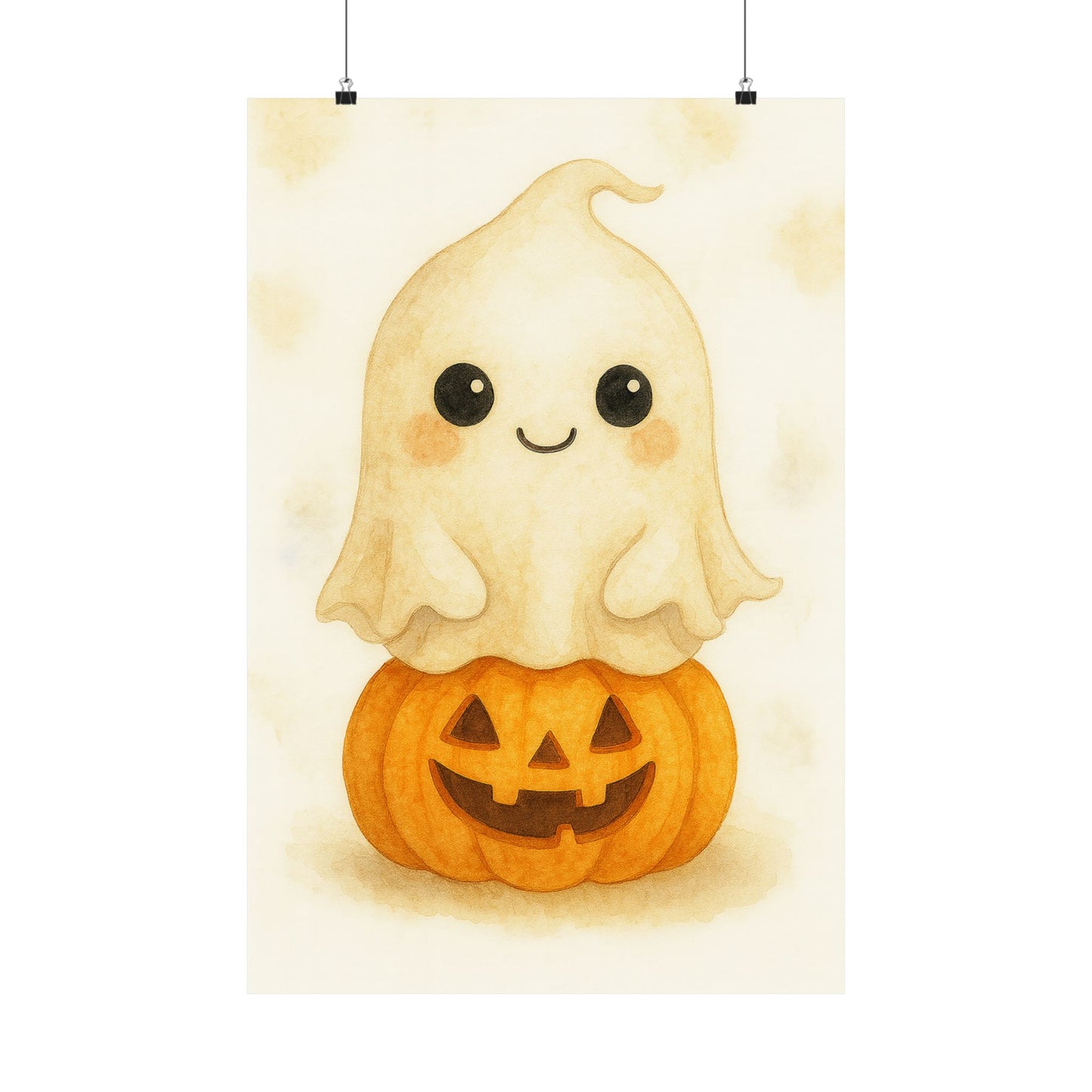 Cute Baby Ghost Monster Halloween Wall Art Poster – Watercolor Monster Print on Pumpkin – Whimsical Nursery & Holiday Decor