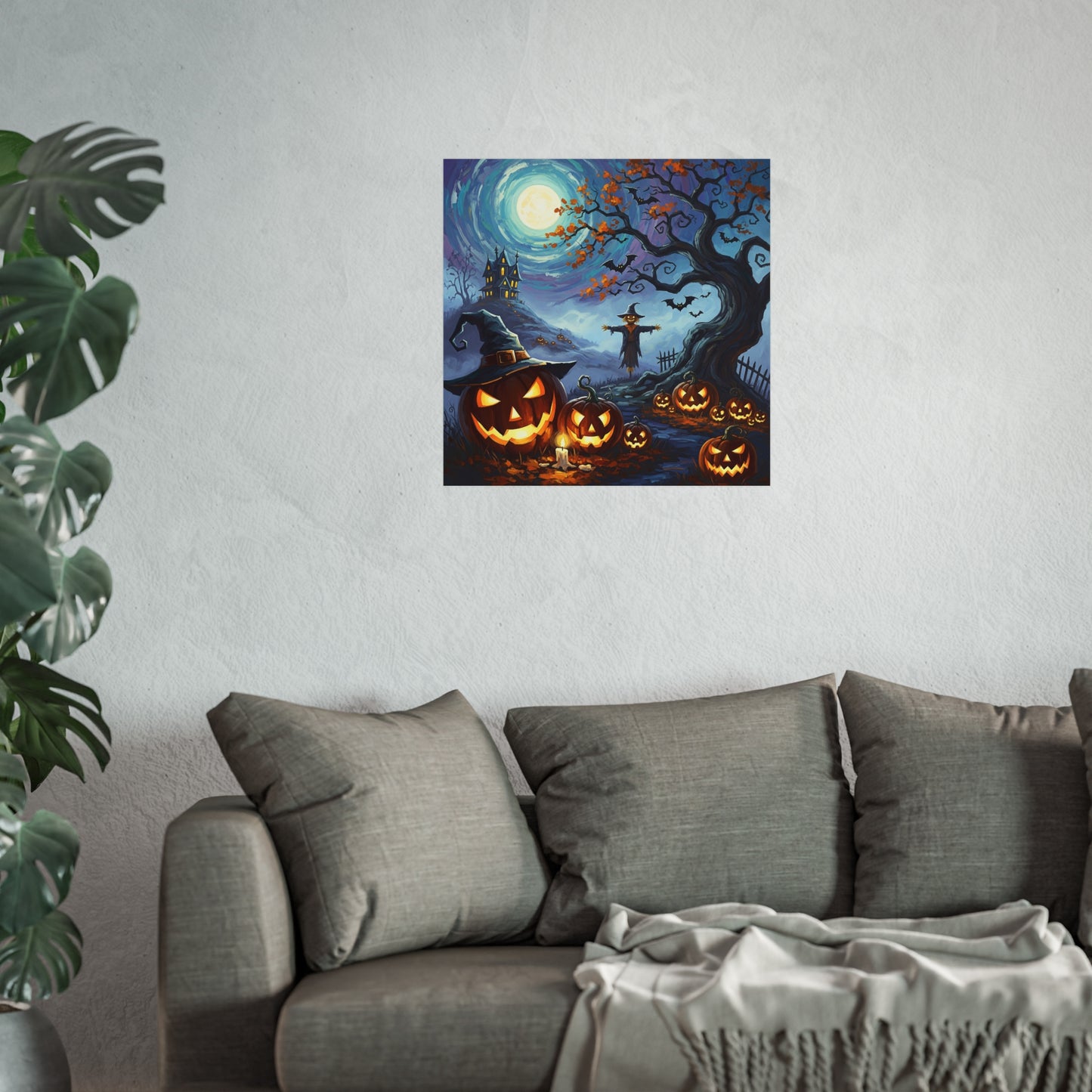 Halloween Pumpkin Patch Fine Art Print – Haunted House & Scarecrow Night Scene Wall Art Poster, Painterly Gothic Autumn Decor