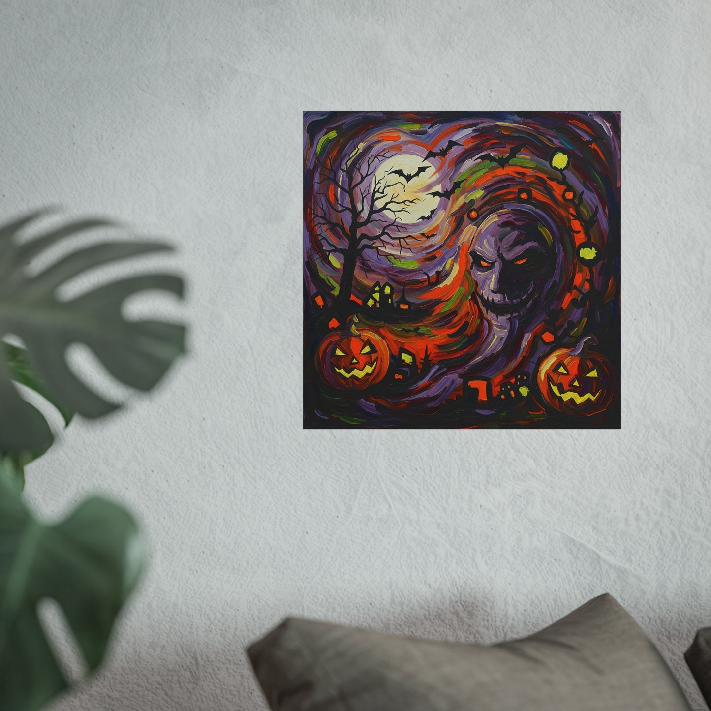 Halloween Abstract Expressionist Fine Art Print β Spooky Skull & Pumpkin Wall Art Poster, Haunted Night Decor with Bats and Full Moon