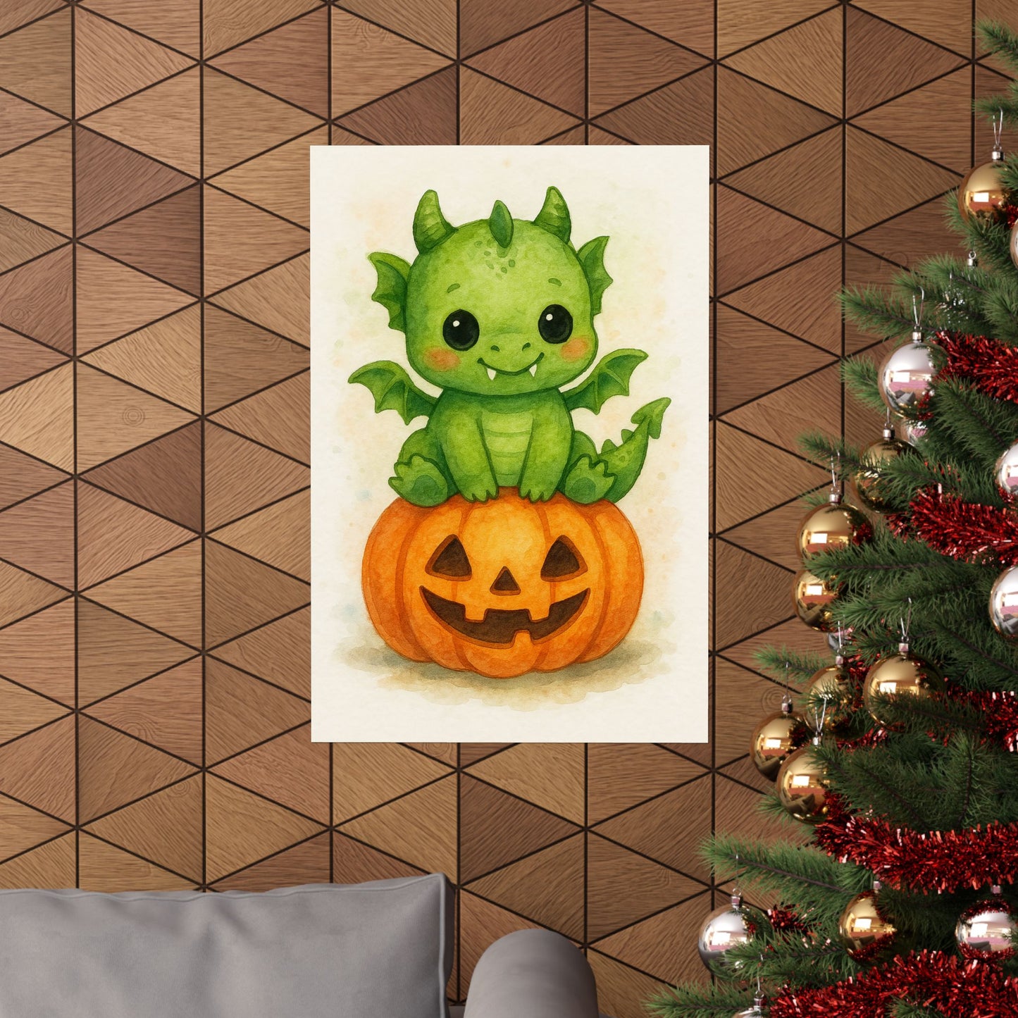 Cute Baby Dragon Monster Halloween Wall Art Poster – Watercolor Monster Print on Pumpkin – Whimsical Nursery & Holiday Decor
