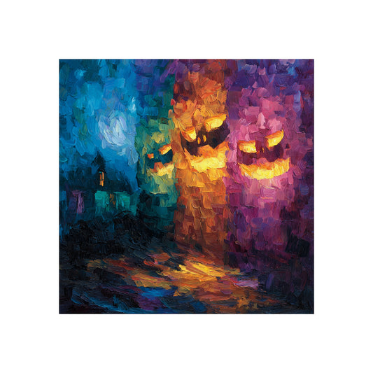 Abstract Halloween Fine Art Print – Glowing Jack-o’-Lantern Faces & Haunted House Wall Art Poster, Colorful Impressionist Decor