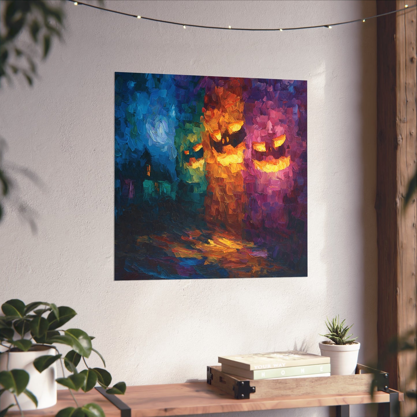 Abstract Halloween Fine Art Print – Glowing Jack-o’-Lantern Faces & Haunted House Wall Art Poster, Colorful Impressionist Decor