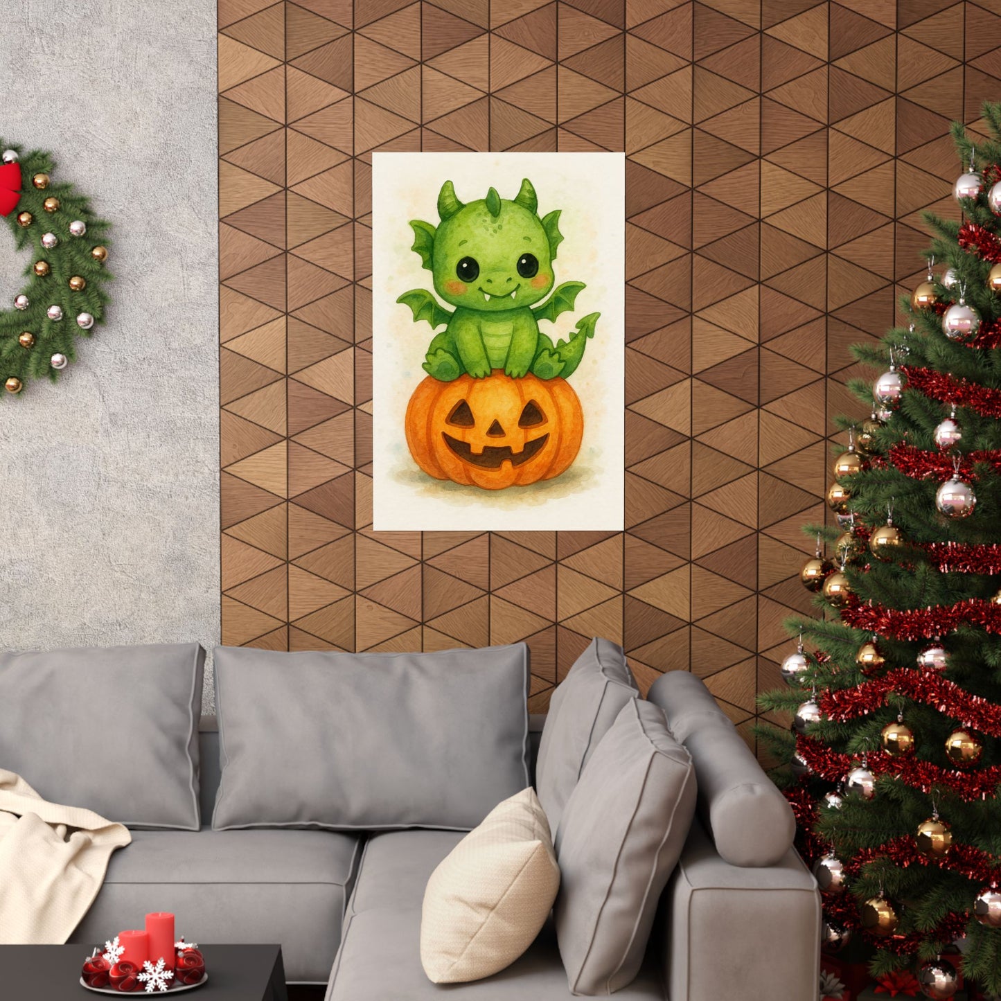 Cute Baby Dragon Monster Halloween Wall Art Poster – Watercolor Monster Print on Pumpkin – Whimsical Nursery & Holiday Decor