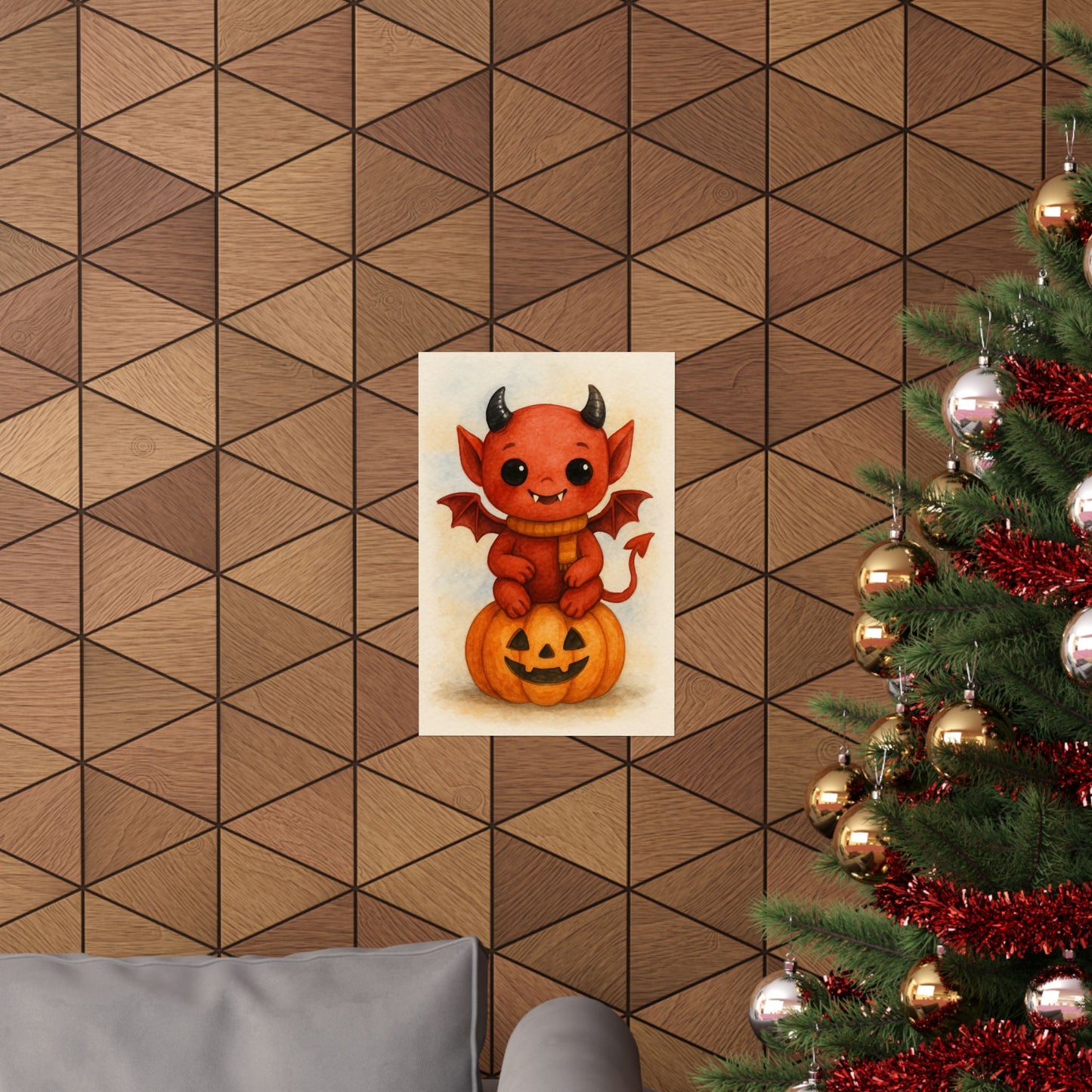 Cute Baby Demon Monster Halloween Wall Art Poster – Watercolor Monster Print on Pumpkin – Whimsical Nursery & Holiday Decor