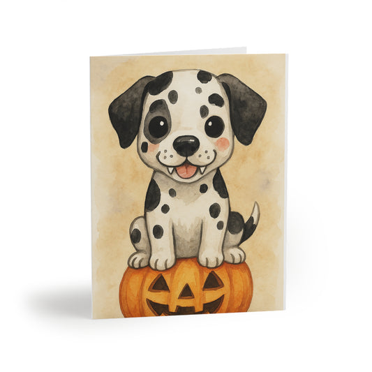 Halloween Great Dane Puppy Greeting Card – Cute Puppy Monster on Pumpkin – Spooky Cute Monster Card for Dog Lovers