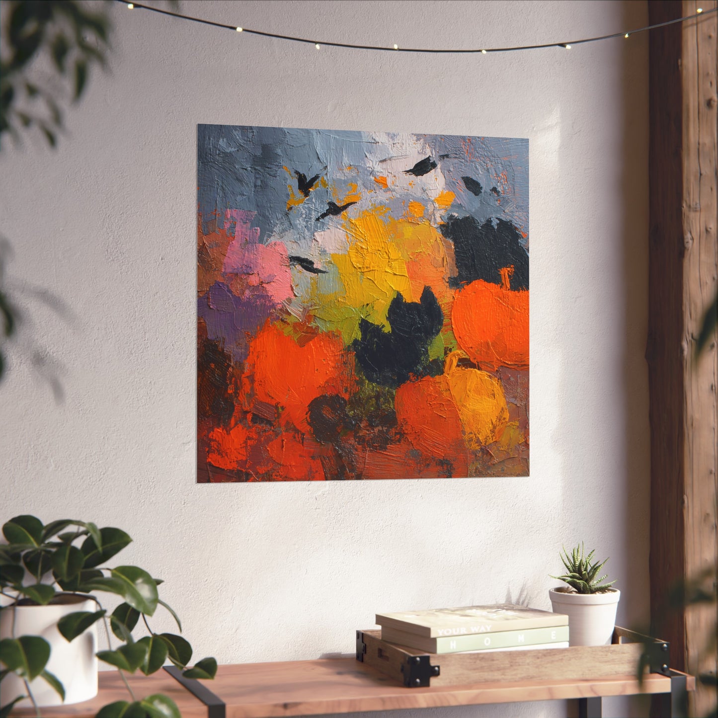 Abstract Halloween Black Cat & Pumpkin Poster – Modern Fine Art Fall Wall Décor