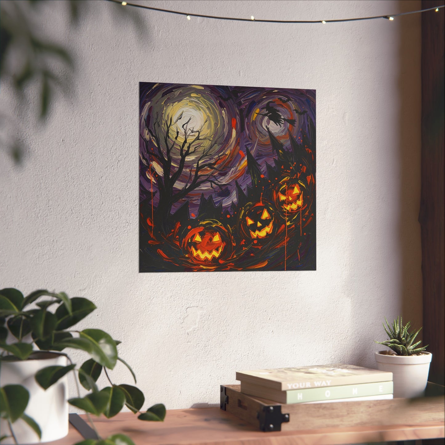 Halloween Pumpkins Fine Art Print – Post-Impressionist Haunted Night Wall Art Poster with Witch & Full Moon
