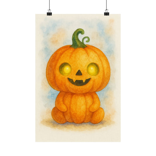 Cute Baby Pumpkin Monster Halloween Wall Art Poster – Watercolor Monster Print on Pumpkin – Whimsical Nursery & Holiday Decor