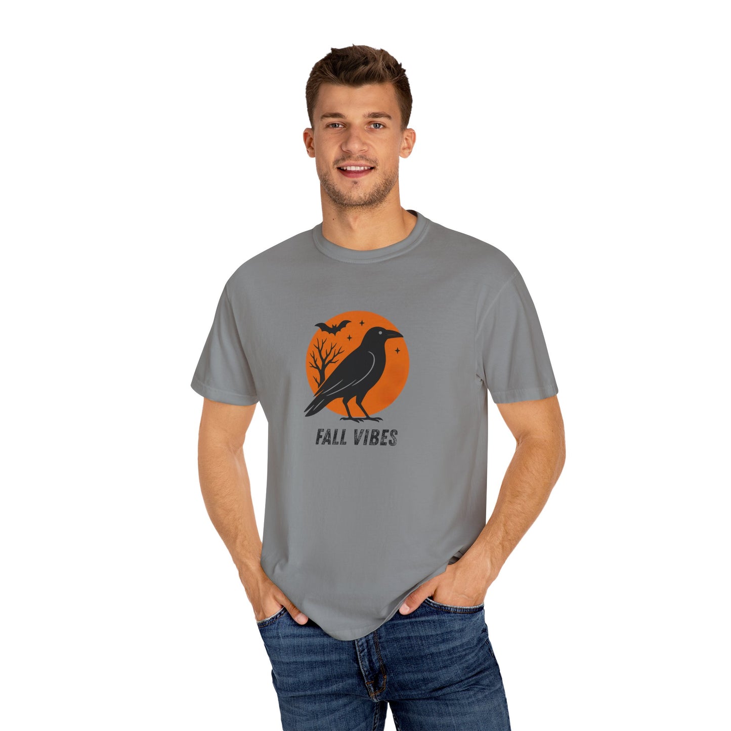Man wearing a gray t-shirt with a 'Fall Vibes' graphic design on a white background
