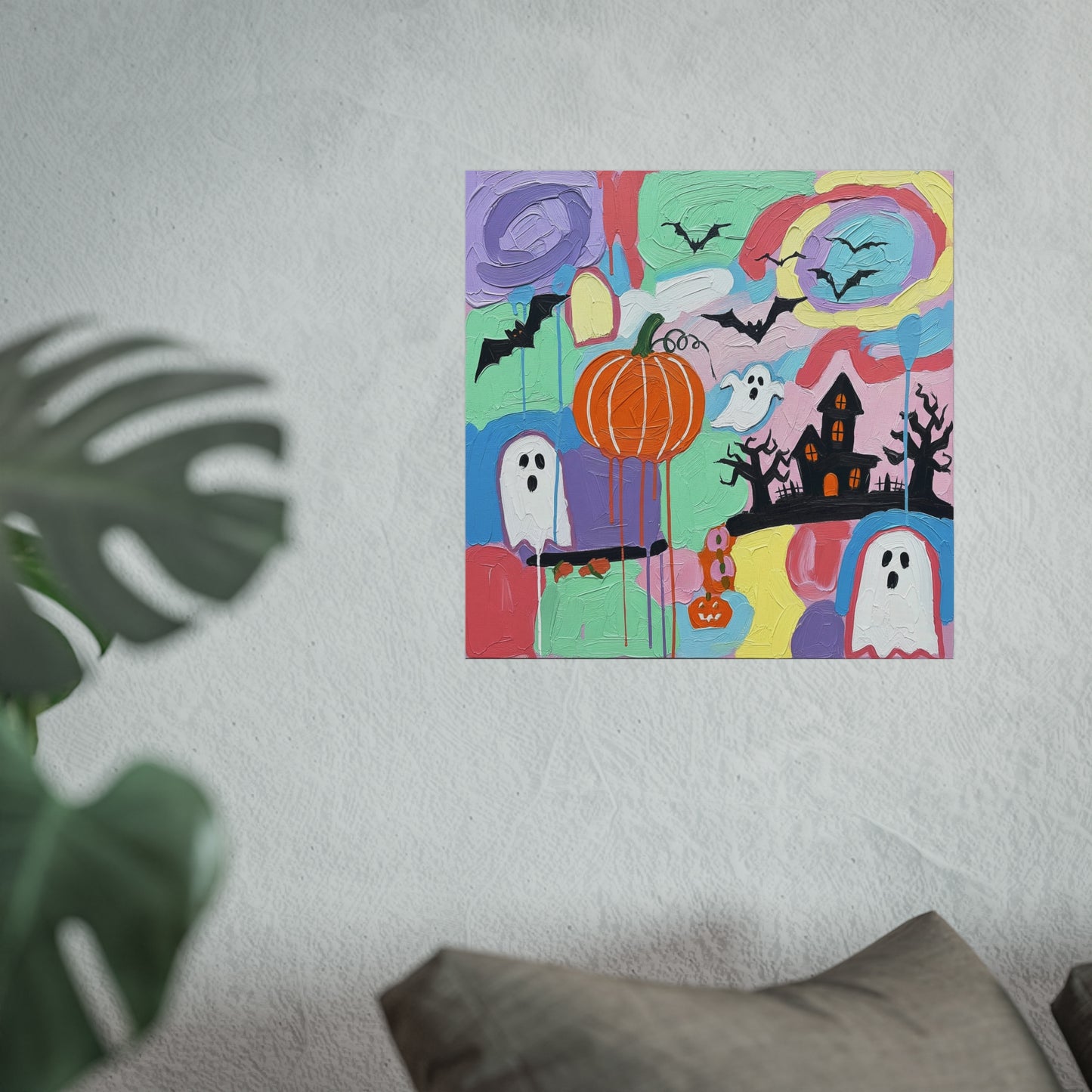 Halloween Pastel Abstract Fine Art Print – Colorful Ghosts, Pumpkin & Haunted House Wall Art Poster, Whimsical Autumn Decor