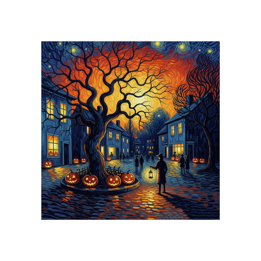 Halloween Town Square Fine Art Print – Post-Impressionist Pumpkin Lanterns & Glowing Night Sky Wall Art Poster