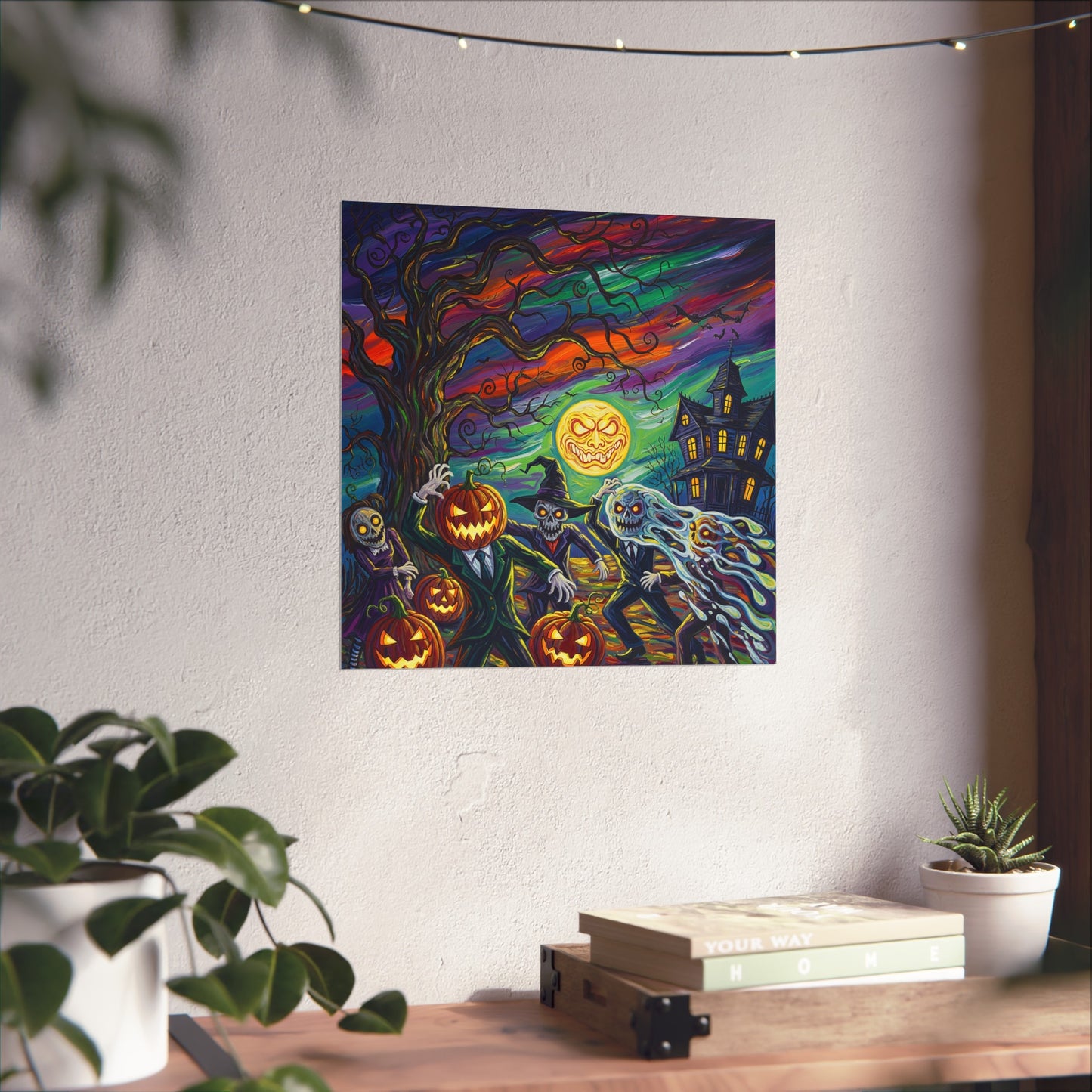 Halloween Pumpkin Head Monsters Fine Art Print – Haunted House Expressionist Wall Art Poster, Spooky Gothic Autumn Decor