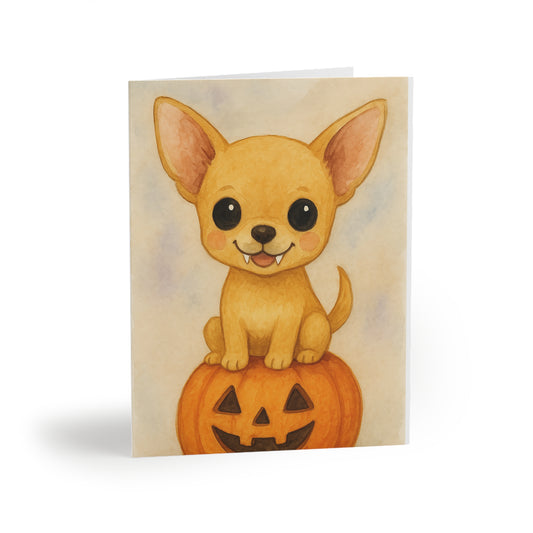 Halloween Chihuahua Puppy Greeting Card – Cute Puppy Monster on Pumpkin – Spooky Cute Monster Card for Dog Lovers