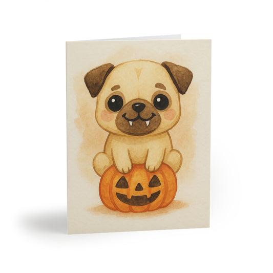 Halloween Pug Puppy Greeting Card – Cute Puppy Monster on Pumpkin – Spooky Cute Monster Card for Dog Lovers