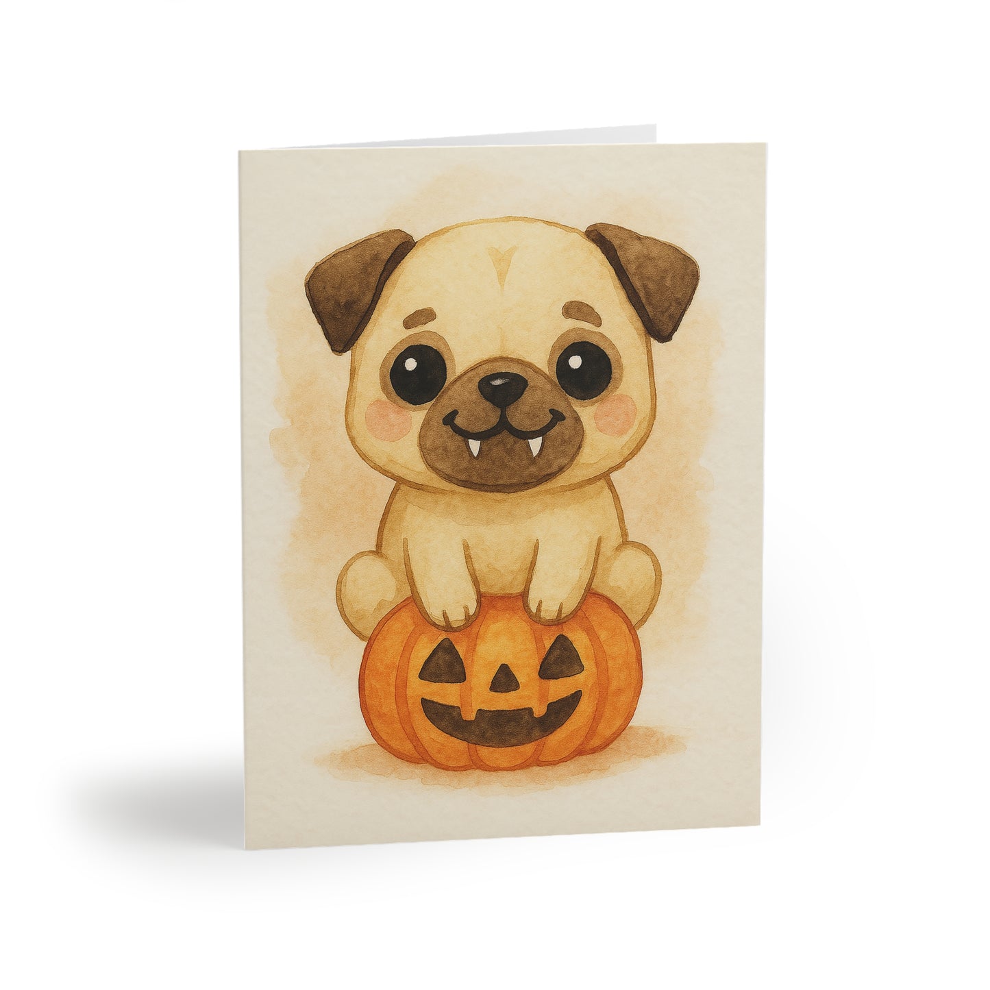 Halloween Pug Puppy Greeting Card – Cute Puppy Monster on Pumpkin – Spooky Cute Monster Card for Dog Lovers