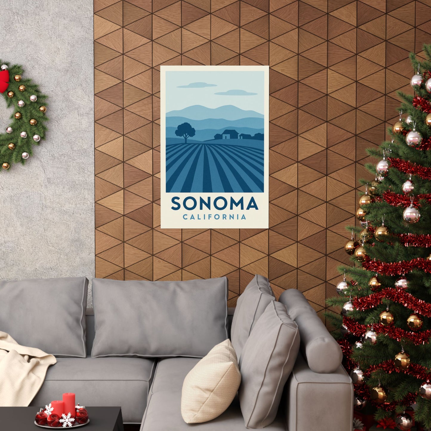 Sonoma Poster – Blue Tones - Retro Wine Country Wall Art, California Vineyard Landscape Print, Minimalist Travel Decor