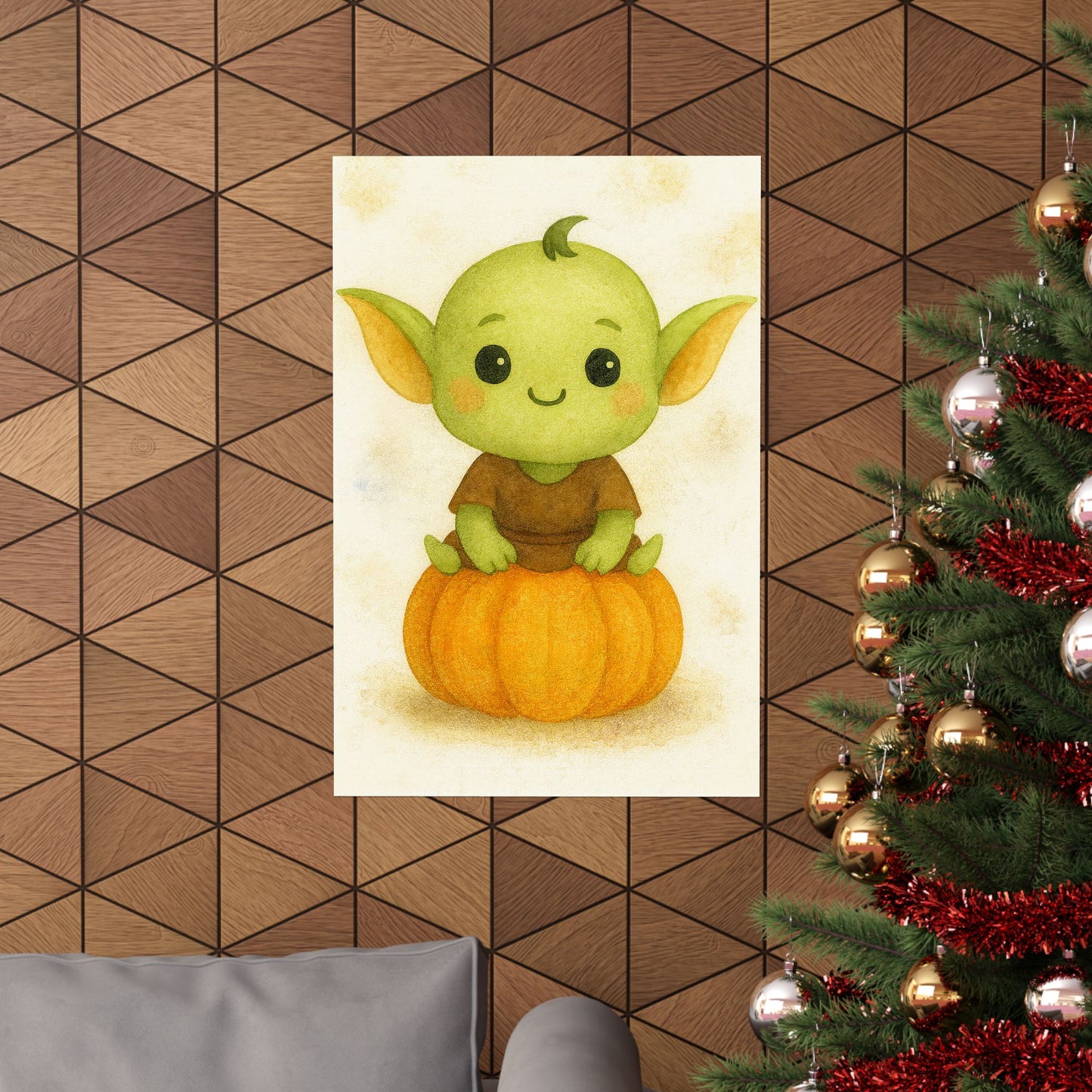 Cute Baby Goblin Monster Halloween Wall Art Poster – Watercolor Monster Print on Pumpkin – Whimsical Nursery & Holiday Decor